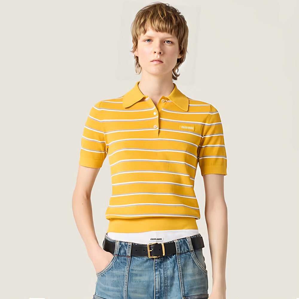 Women's Spring/Summer Yellow Striped Polo Shirt Fashionable Collared Short-Sleeve Knit T-Shirt #194482