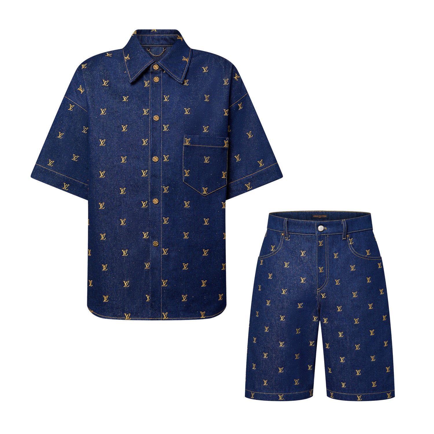 Men's Summer Logo Embroidery Blue Single Breasted Lapel Denim Short Sleeve Shirt Shorts Set Suit #98741