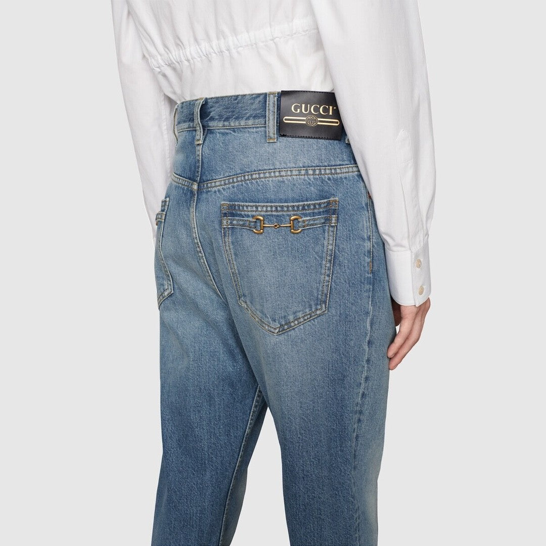 Men's Summer Logo Blue Gradient Washed Retro Casual Straight Leg Denim Pants  #71265