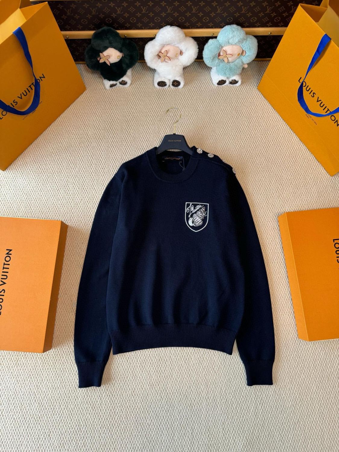 Men's Spring and Autumn Solid Color Logo Embroidery Round Neck Long Sleeve Knit Sweater #74314