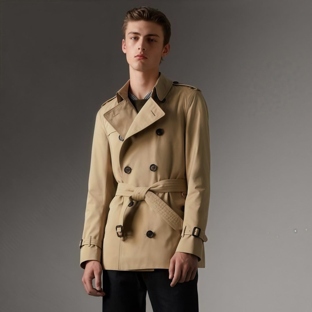 Men's Spring And Fall Solid Color Double Breasted Short Corseted Trench Coat Jacket #72857