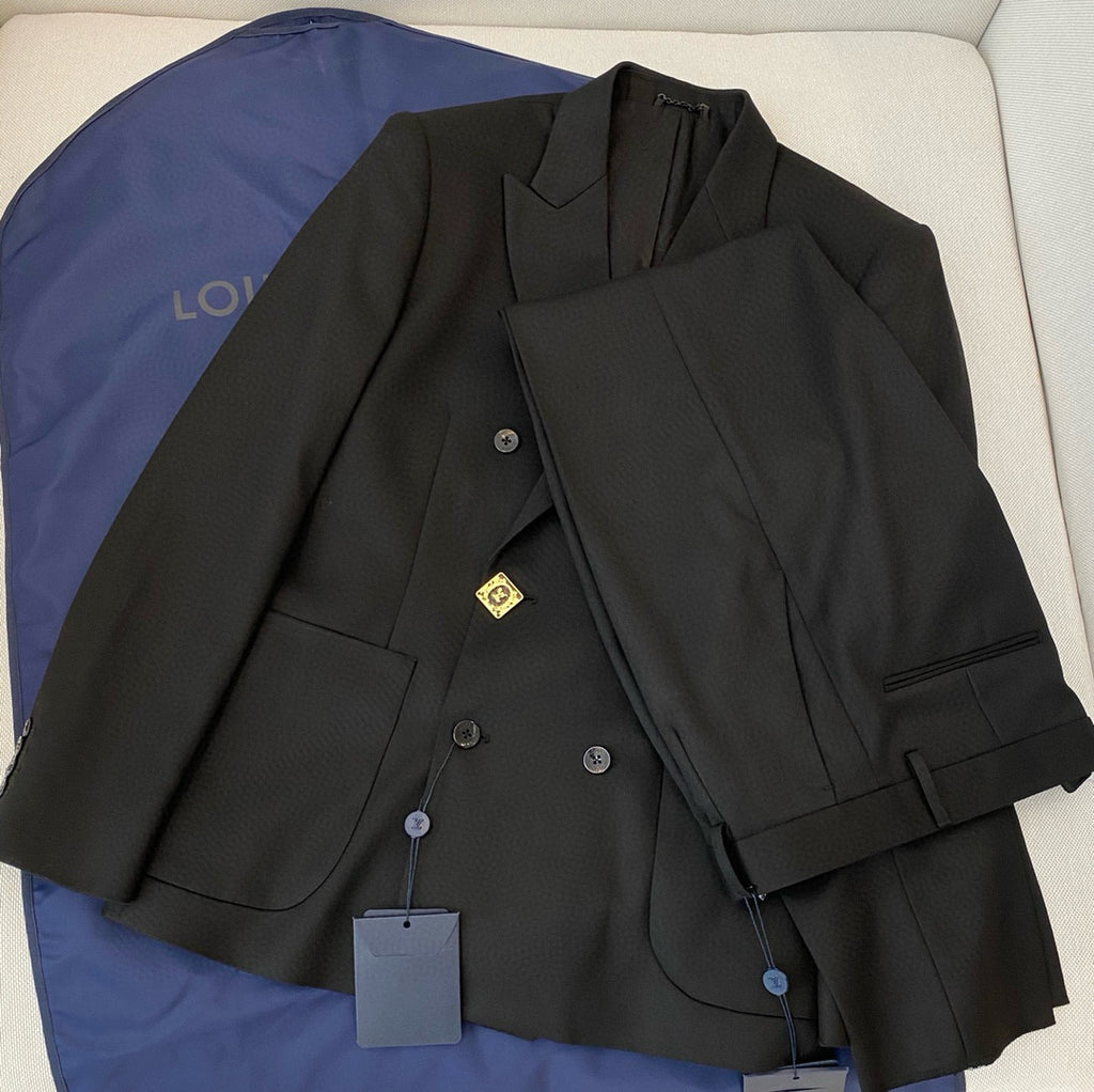 Men's Spring And Fall Black Wool Twill Double Breasted Blazer Jacket Casual Pants Suit Set #98626