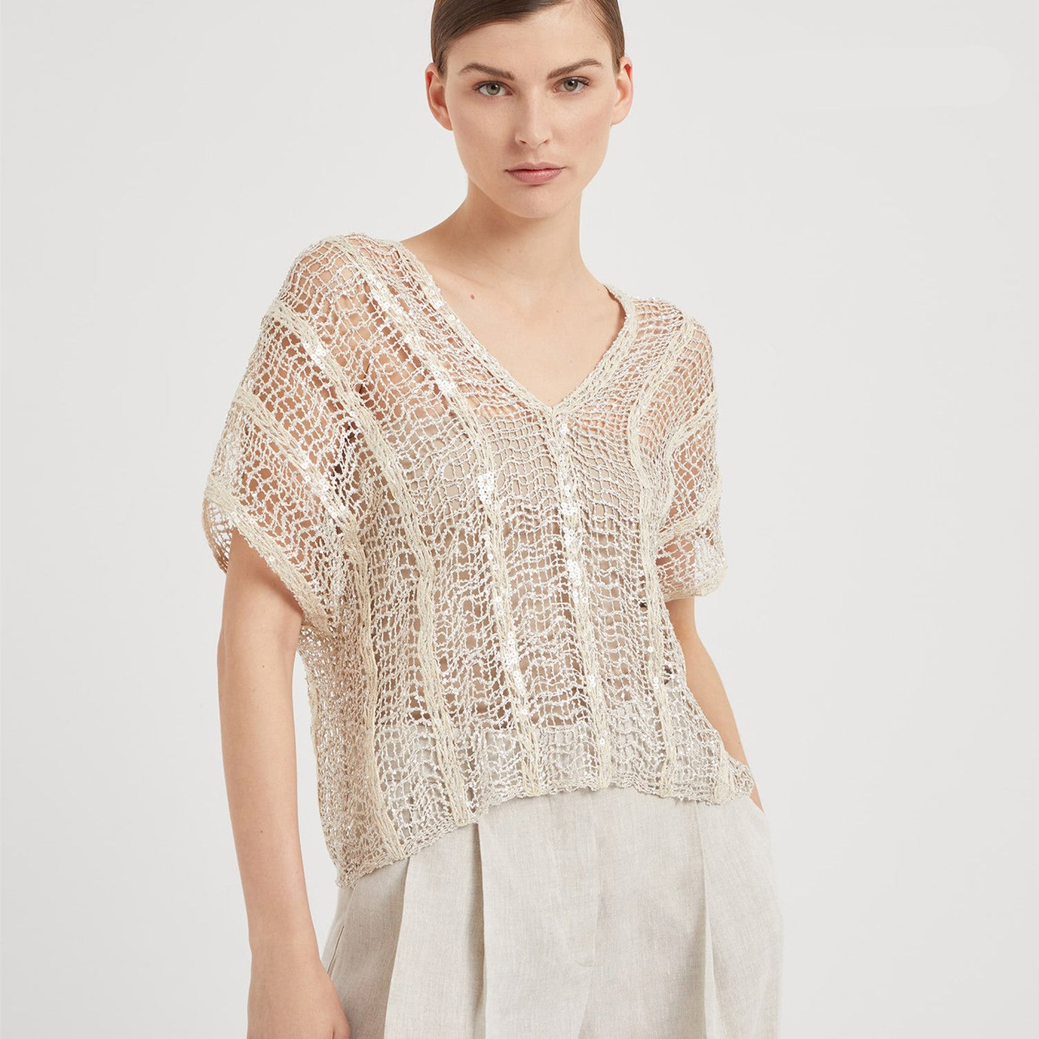 Women's Spring And Summer Shining Stripes Decoration Mesh Hole Embroidery T-shirt Half-body Skirt Set Fashion Casual Temperament Suit Set Ngvp #9129