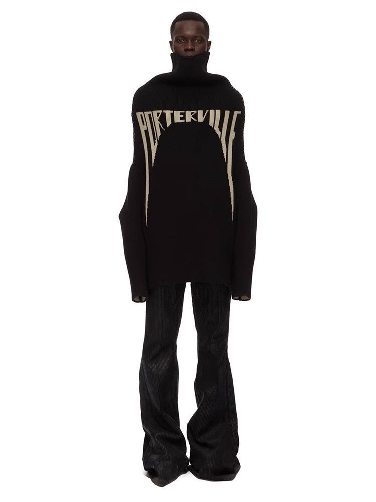 Rick Owens Men's High Neck Letters Jacquard Knit Large Silhouette Casual Long Sleeve Black Sweater For Fall And Winter Ngvp #9431