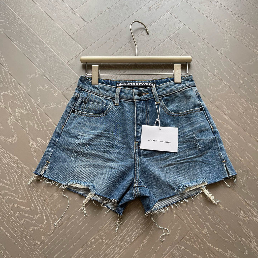 Women's Summer Washed Solid Colour Worn Raw Edge Denim Shorts #76852