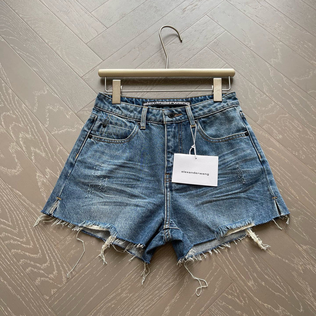 Women's Summer Washed Solid Colour Worn Raw Edge Denim Shorts #76852