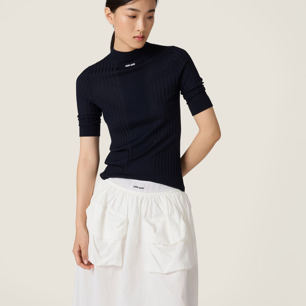 Women's Spring/Summer Ribbed Knit Wool Sweater Black Half-High Neck Short-Sleeve Slim-Fit Knit T-Shirt #194407