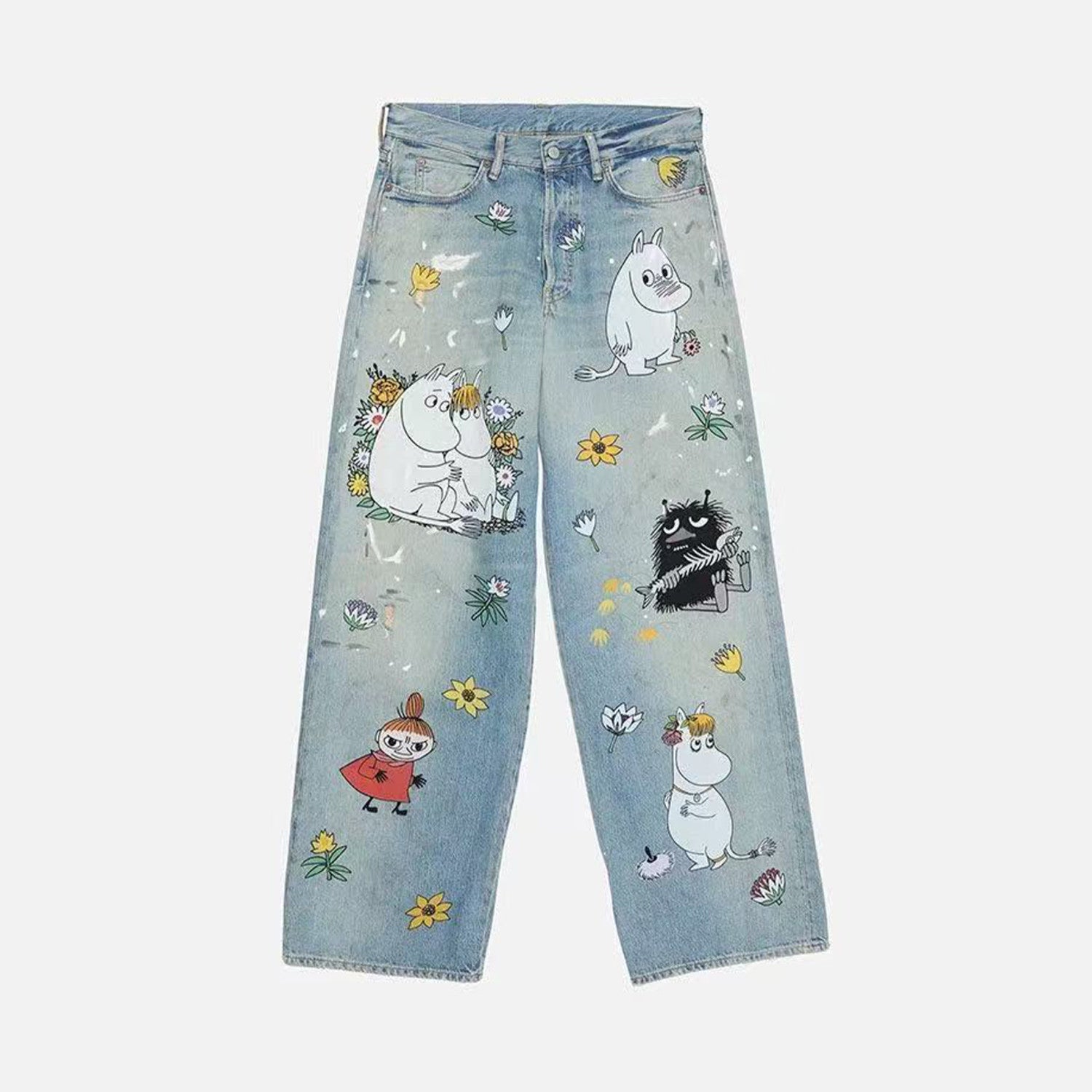 X Moomin Women's Spring/summer Straight Leg Casual Anime Print Fashionable High Street Wide Leg Loose Fit Denim Pants Ngvp #2176