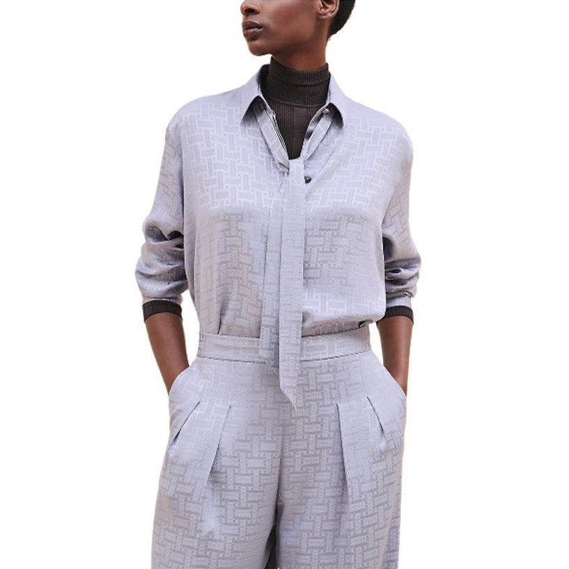 Women's Mosaique Jacquard Silk Lapel Spring. Summer And Autumn Long-Sleeved Solid Color Shirt Solid Color Casual Pants Ngvp #9631