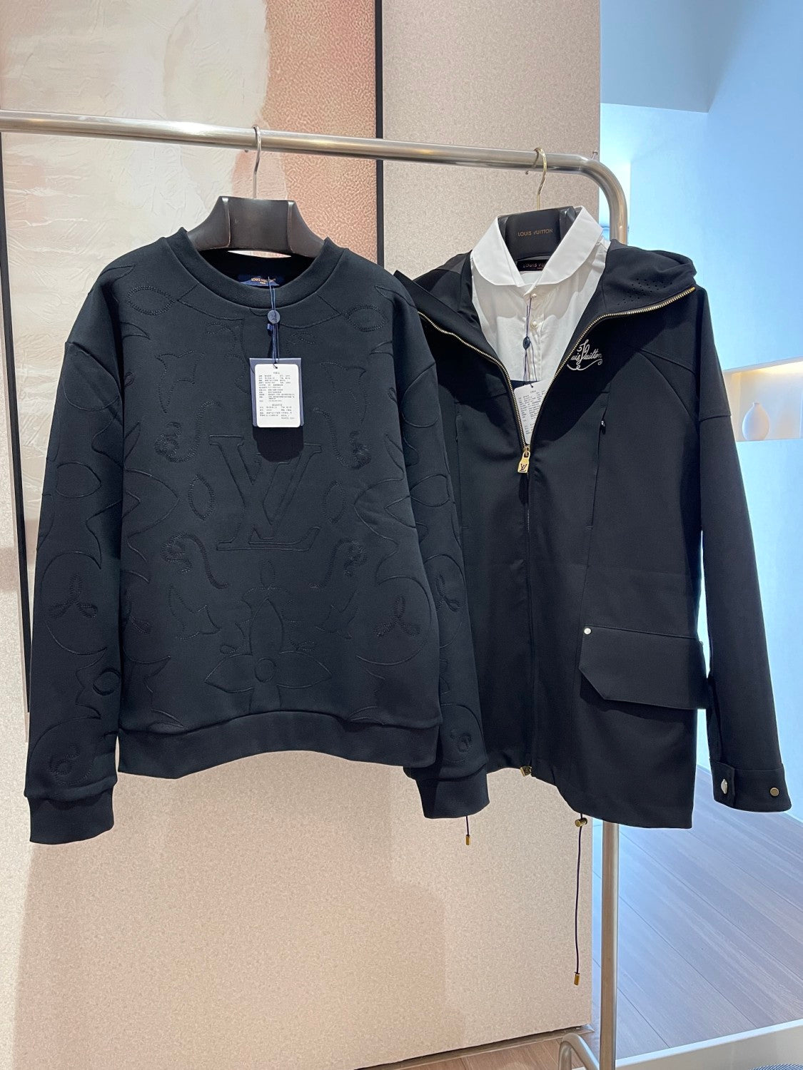 Men's Spring and Fall Black Embroidered Logo Printed Crew Neck Cotton Sweatshirt Pullover #72949