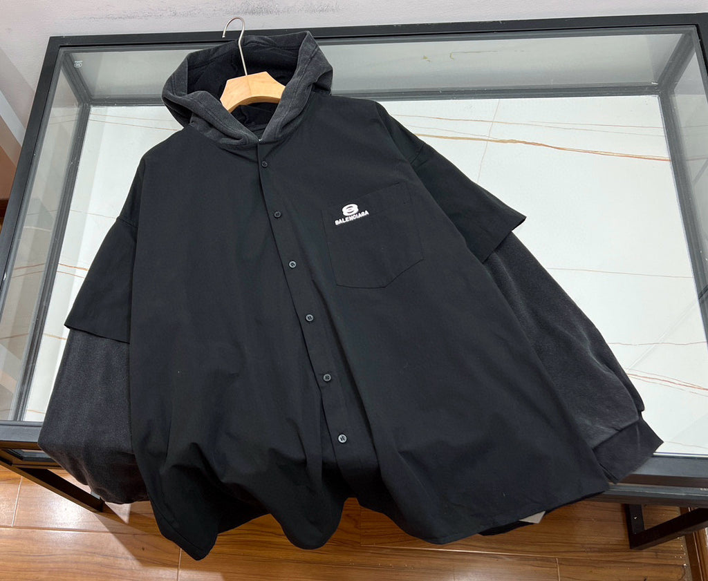 Men's Spring Autumn Black No Drawstring Connected Hooded Single Breasted Long Sleeve Shirt #97866