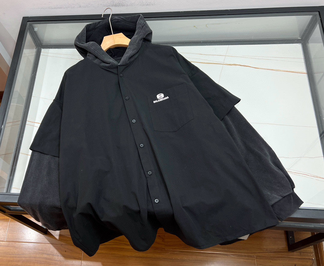 Men's Spring Autumn Black No Drawstring Connected Hooded Single Breasted Long Sleeve Shirt #97866