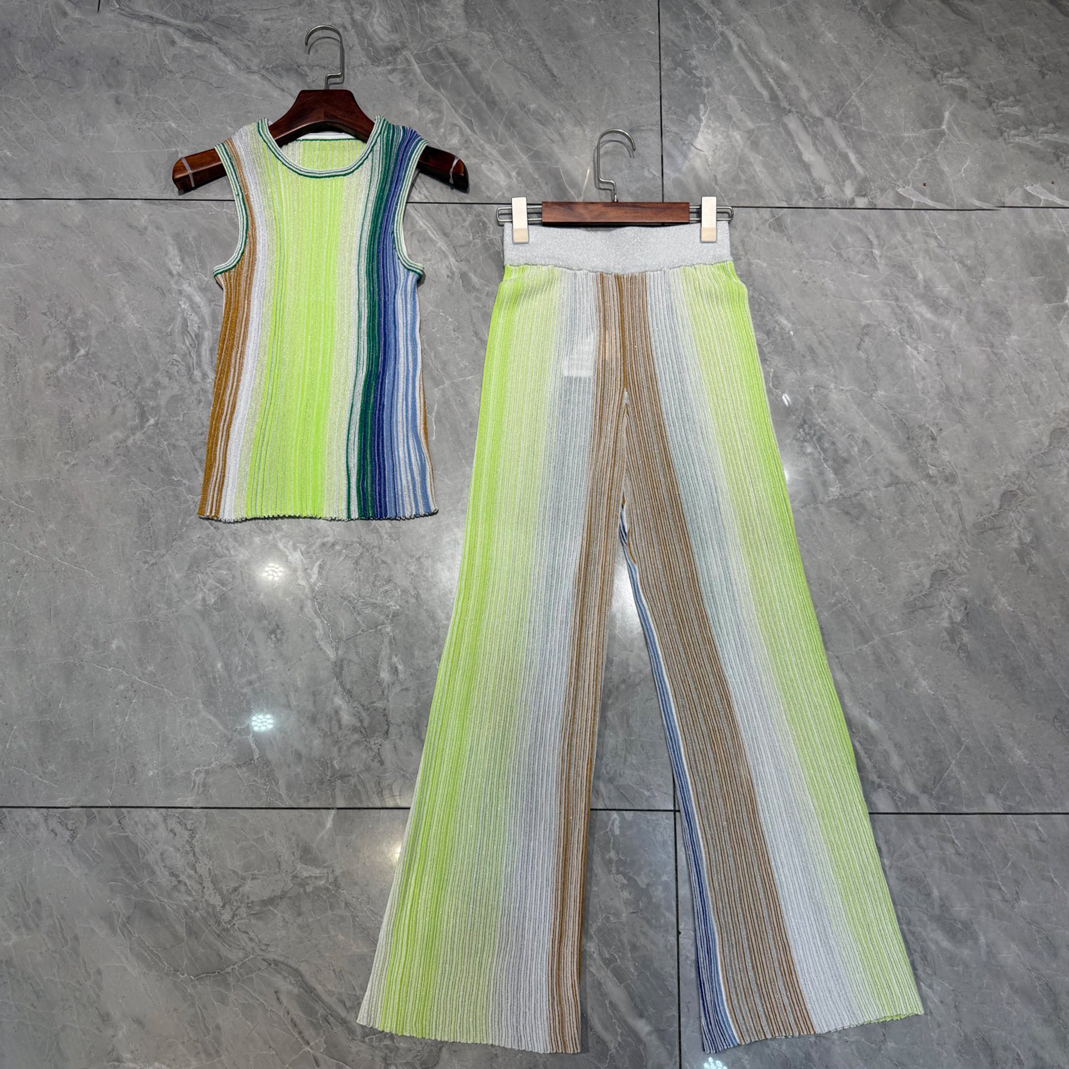 Missoni Women's Spring And Summer Fashion Elegant Colorful Striped Golden Silk Knit Clashing Sleeveless Vest T-shirt Casual Pants Set Suit Ngvp #1758