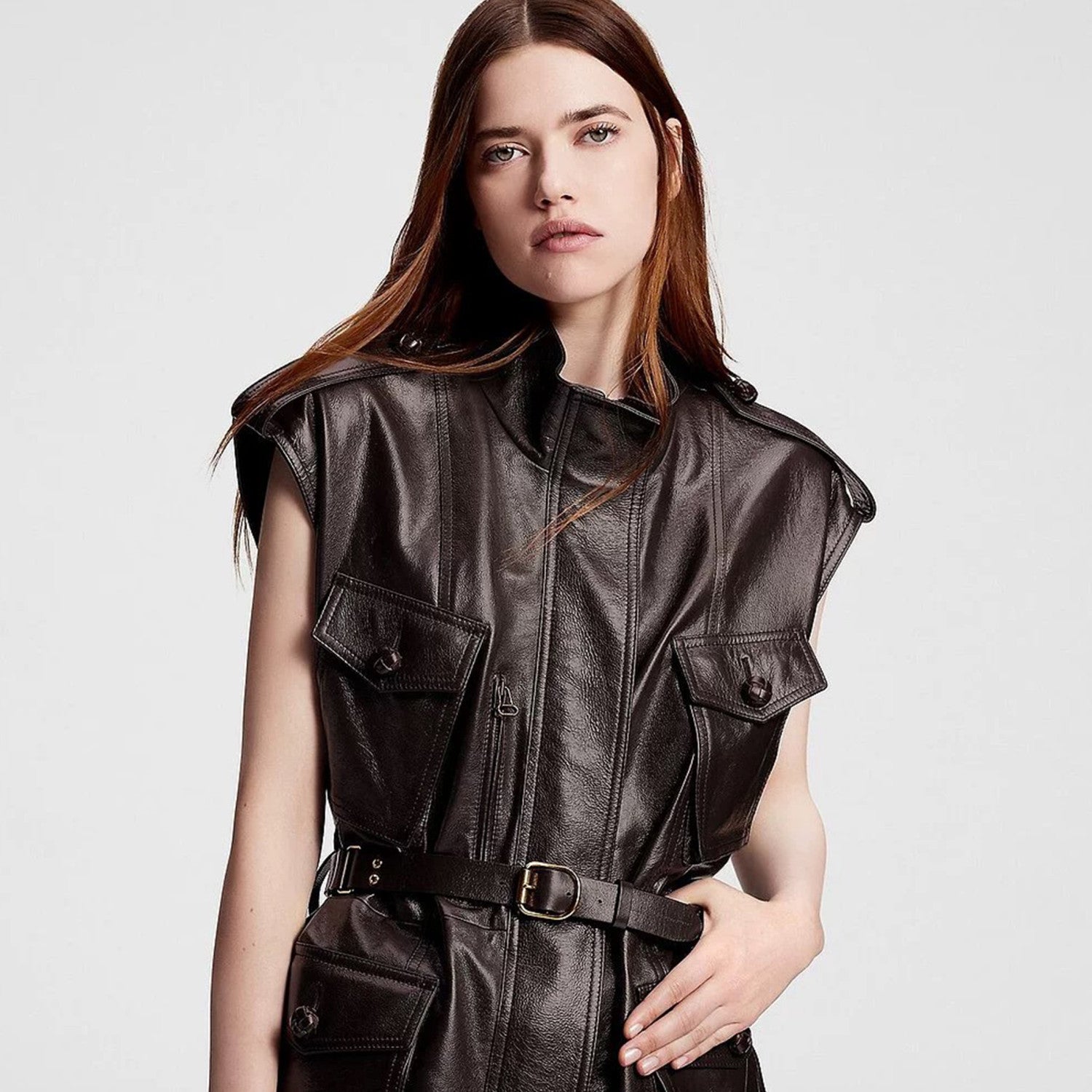 Women's Spring And Autumn Dark Curry Casual Loose Sleeveless Sheepskin Jacket Belt Lapel Vest Jacket Ngvp #8188