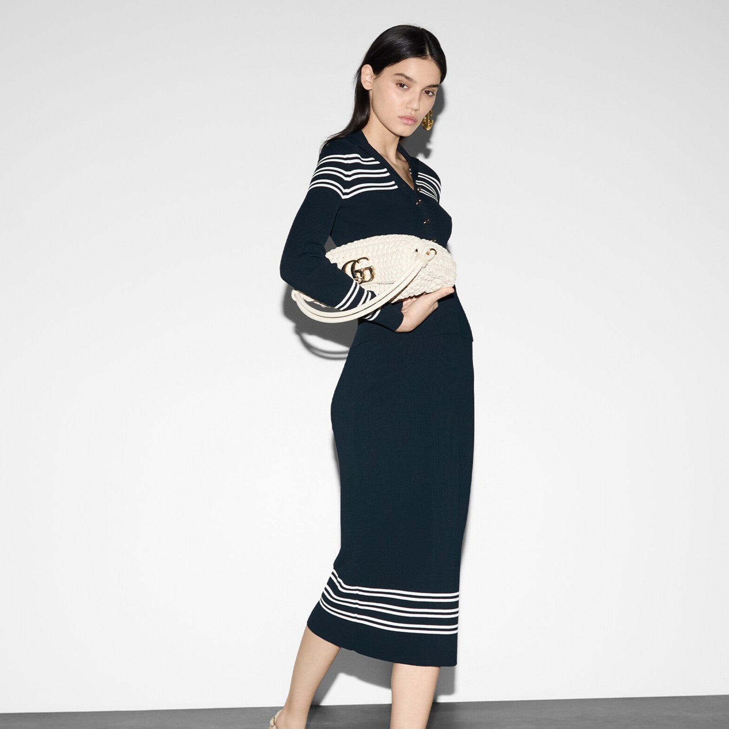 Women's Spring And Autumn Blue Striped Stretch Ribbed Knit Button Sweater Long Slim Half-body Skirt Temperament Suit Set #71349