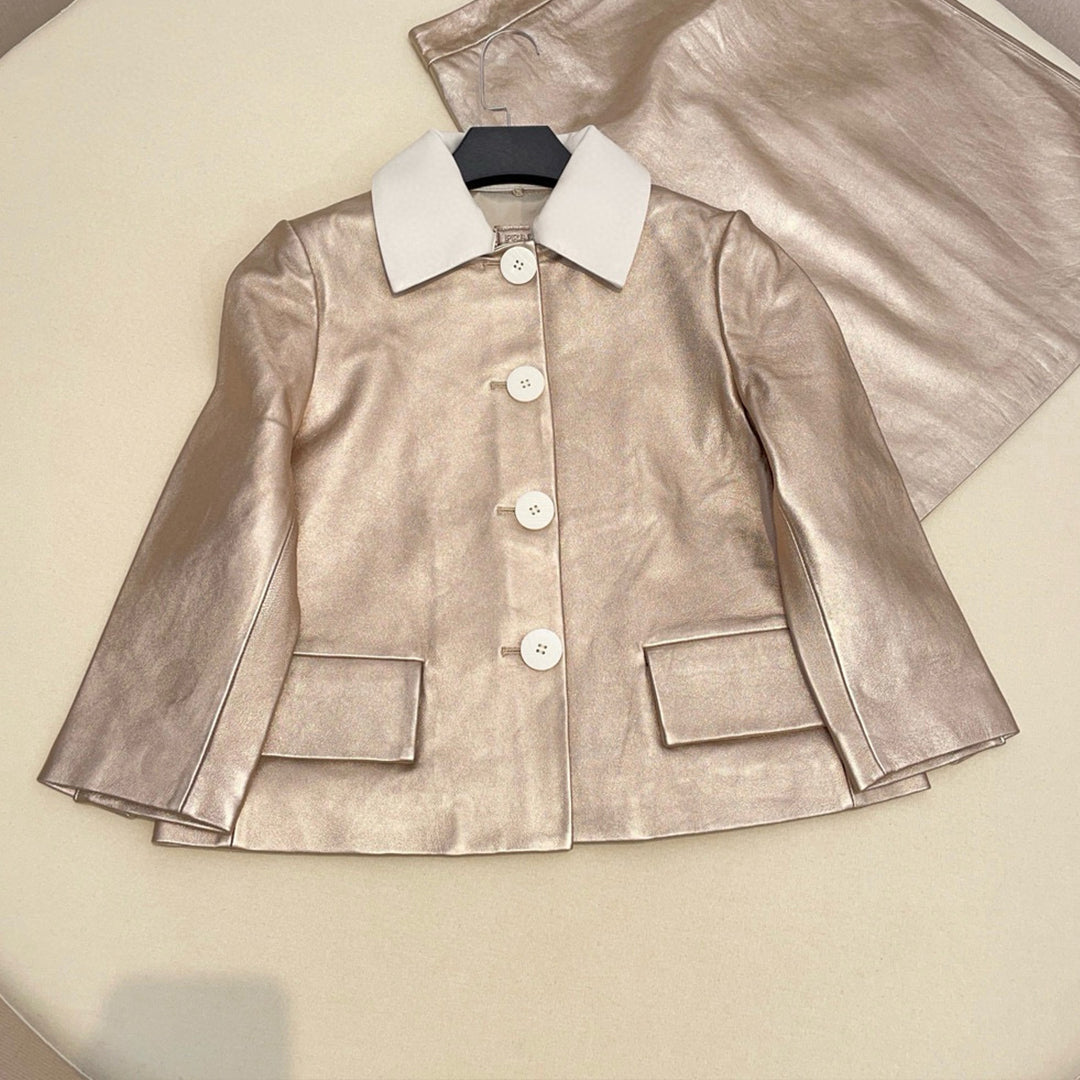 Women's Winter Solid Color Lapel Colorblocking Collar Edge Shiny Short Sheepskin Jacket Casual Half Skirt Ngvp #8149