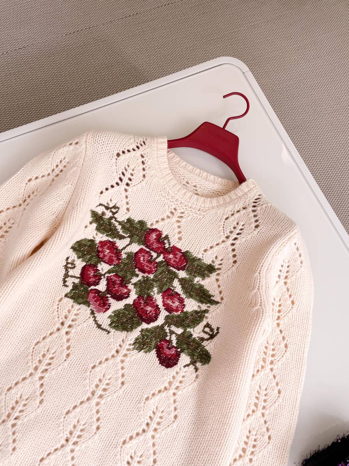 Women's Spring. Autumn And Winter Cherry Embroidery Round Neck Solid Color Fitted Long Sleeve Hollow Knit Wool Sweater Ngvp #9725