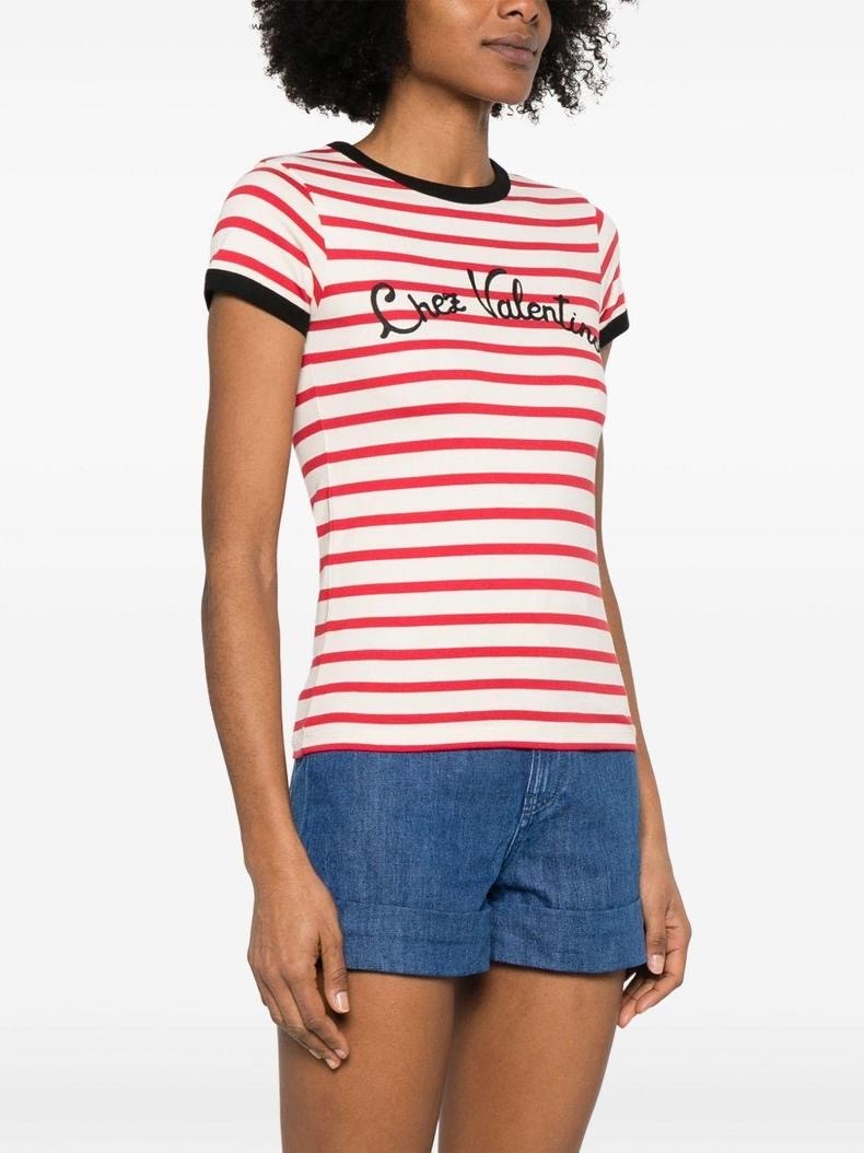 Women's Summer Red and Blue Striped Printed Round Neck Cotton Short Sleeve T-Shirt #75823