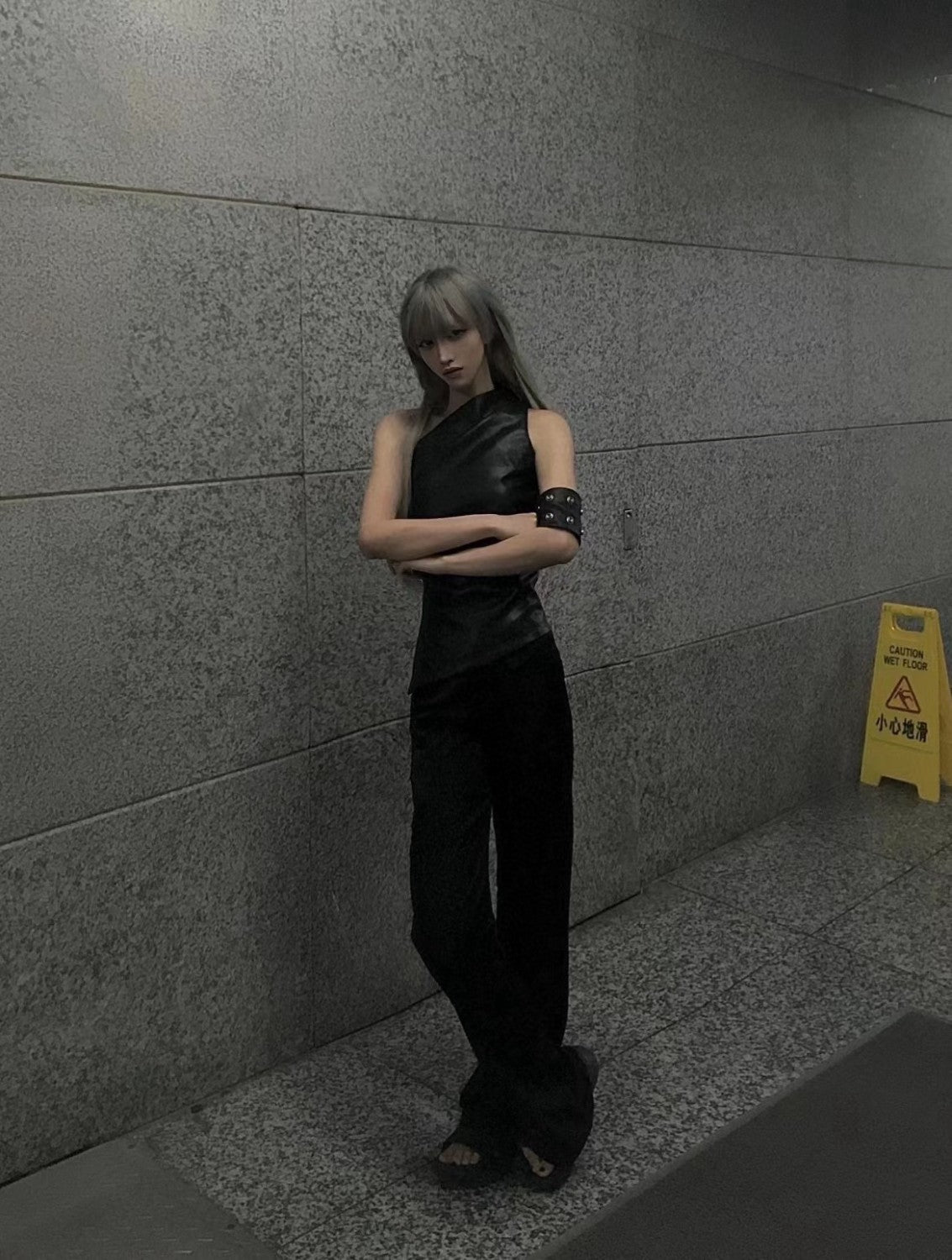 Women's Summer Lambskin One Shoulder Sleeveless Slim Black Top Shirt Ngvp #9175