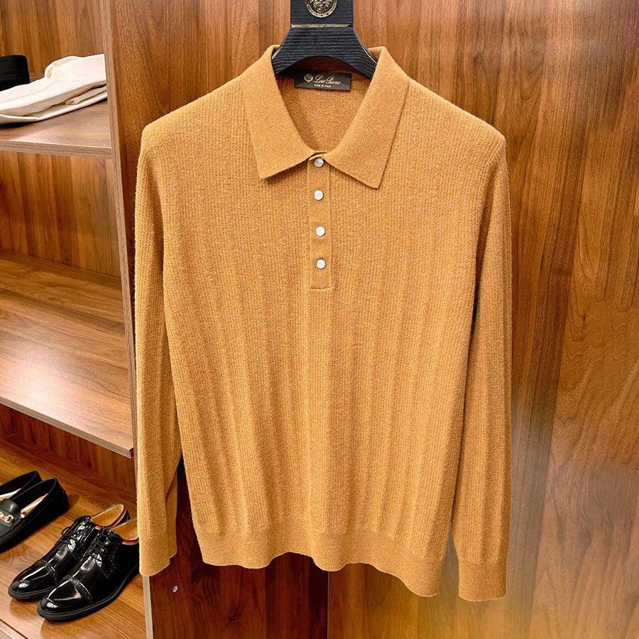 LP Men's Spring & Autumn Casual Jacquard Lapel Solid Color Sweater Wool Blend Long Sleeve Knit Polo Shirt Ngvp #9538