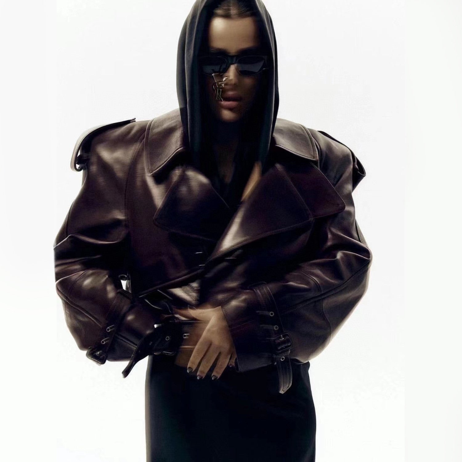 Women's Spring And Autumn Fashion High Street Sheepskin Lapel Short Leather Button Biker Leather Jacket Ngvp #8158