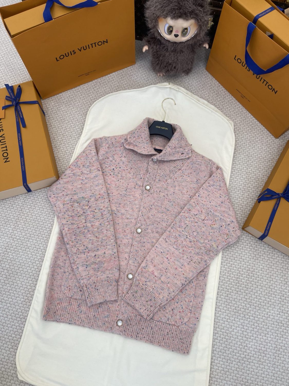 26SS Chip Version Tweed fabric Lapel collar Single-breasted Long-sleeved knitted cardigan Jacket Sweater  #194087