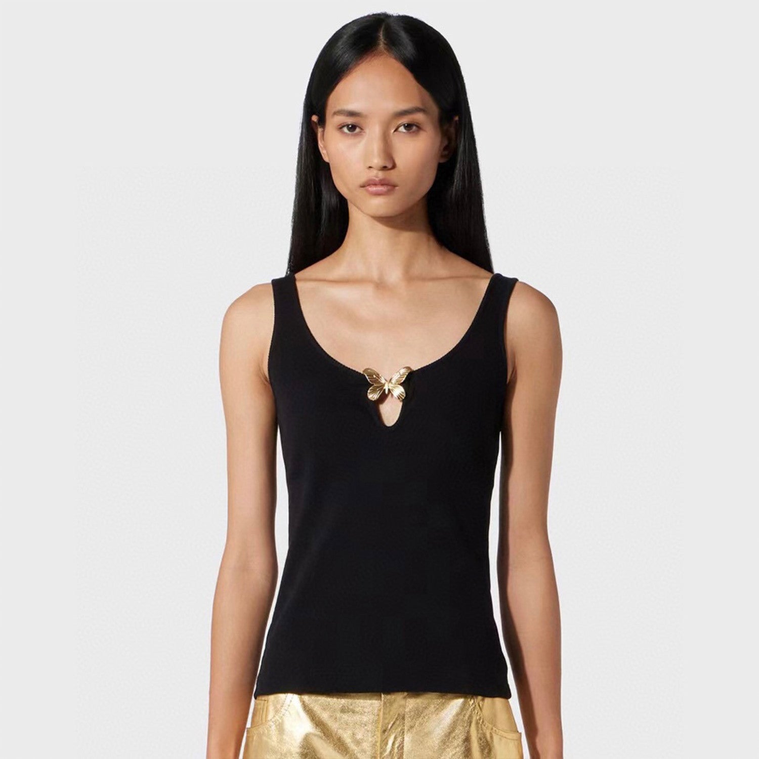 Blumarine Women's Spring And Summer Delicate Butterfly Metal Jewelry Vest Stretch Black Undershirt Fashion Casual Knit Sleeveless Tops Ngvp #8912