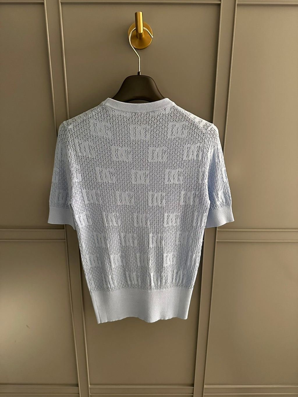 Women's Summer Blue Letter Jacquard Knit Round Neck Short Sleeve T-Shirt #73563