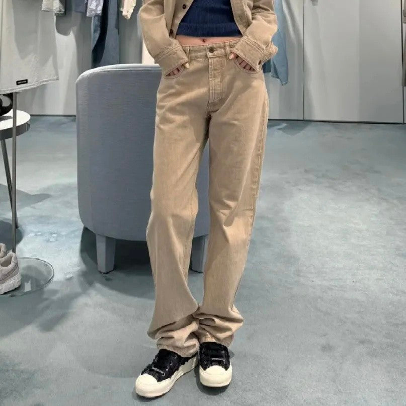 Women's Spring/Autumn Light Brown Embroidered Logo Straight Leg Pants #73481